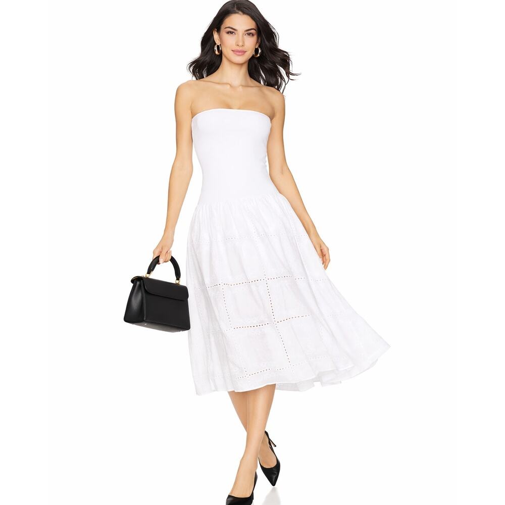 WE WORE WHAT Strapless Ribbed Cotton Tube Midi Dress White A Line Eyelet Skirt M